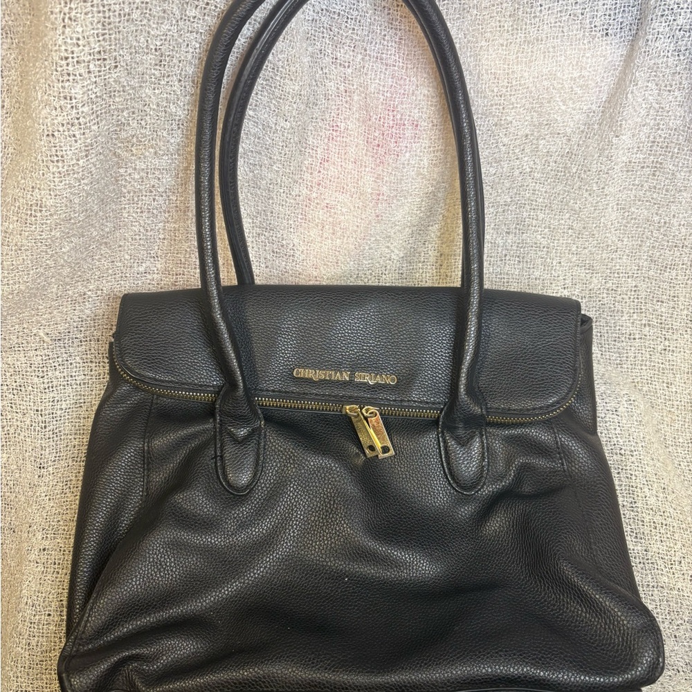 Christian Siriano for Payless Black Pebbled Faux Leather Tote Bag Gold Hardware